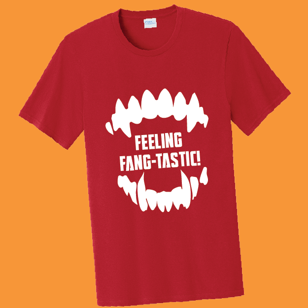 Red t-shirt with white graphic and text 'Feeling Fang-tastic!' on an orange background