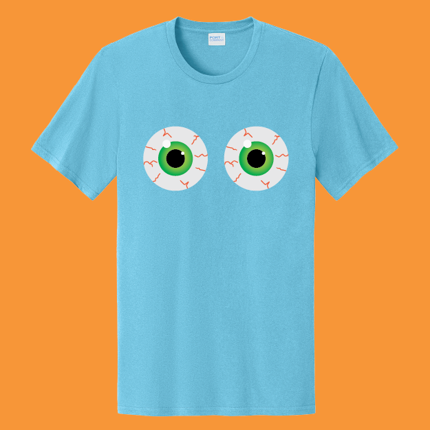 Blue t-shirt with eye design on an orange background
