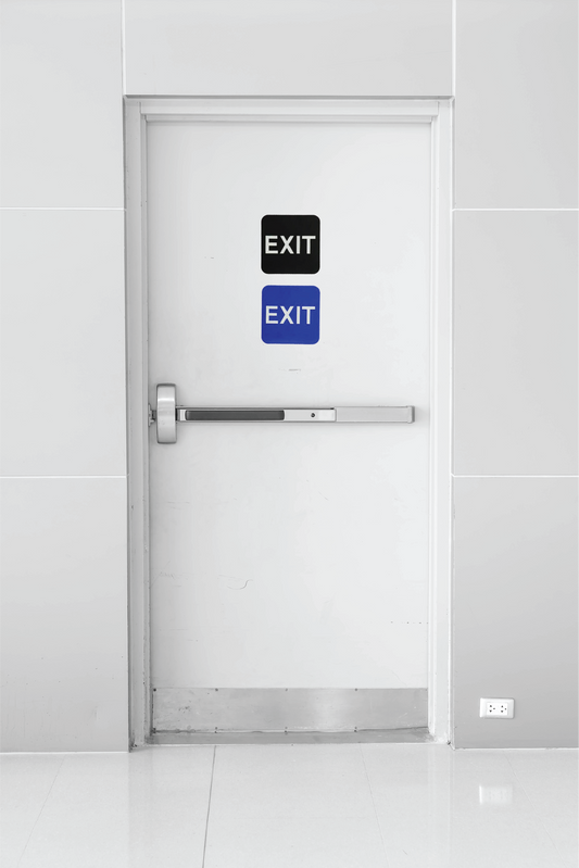 Black or blue exit ADA sign, designed for accessibility and compliance with regulations. Clear, easy-to-read text and symbols for guiding individuals to safety in public spaces, ensuring visibility and accessibility.