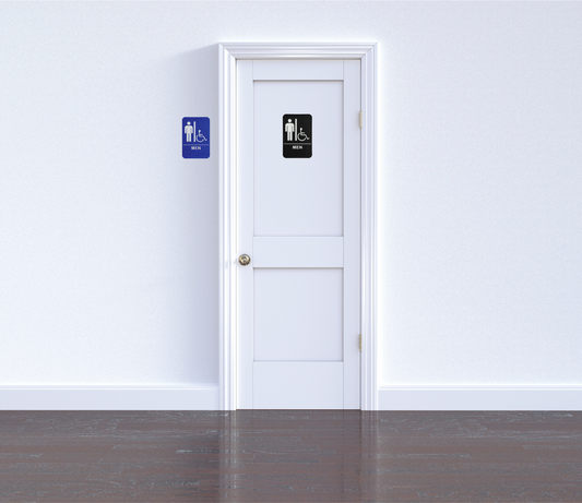 Black or blue men's restroom ADA sign with wheelchair accessibility symbol, designed to meet accessibility standards. Clear, easy-to-read text and symbols for guiding individuals to the restroom in public spaces or businesses.