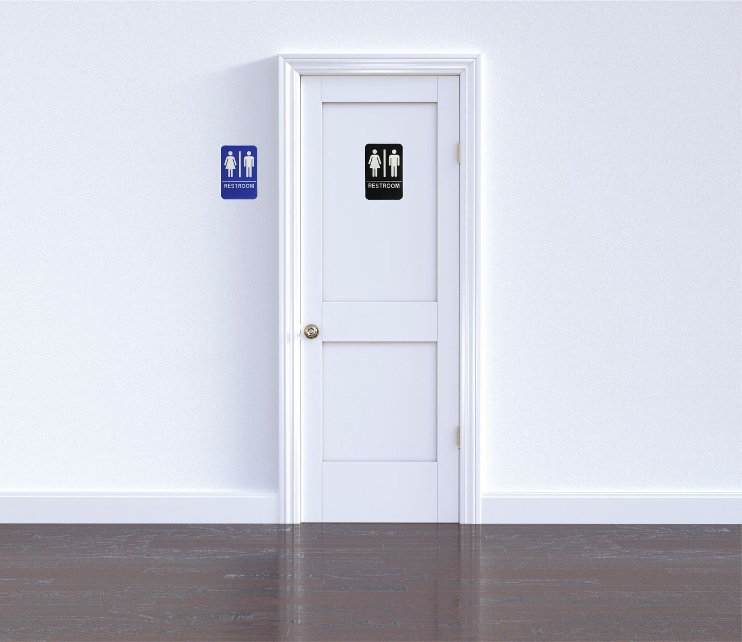 Black or blue men's and women's restroom ADA sign, designed for accessibility and compliance with regulations. Clear, easy-to-read text and symbols for guiding individuals to the restrooms in public spaces or businesses.