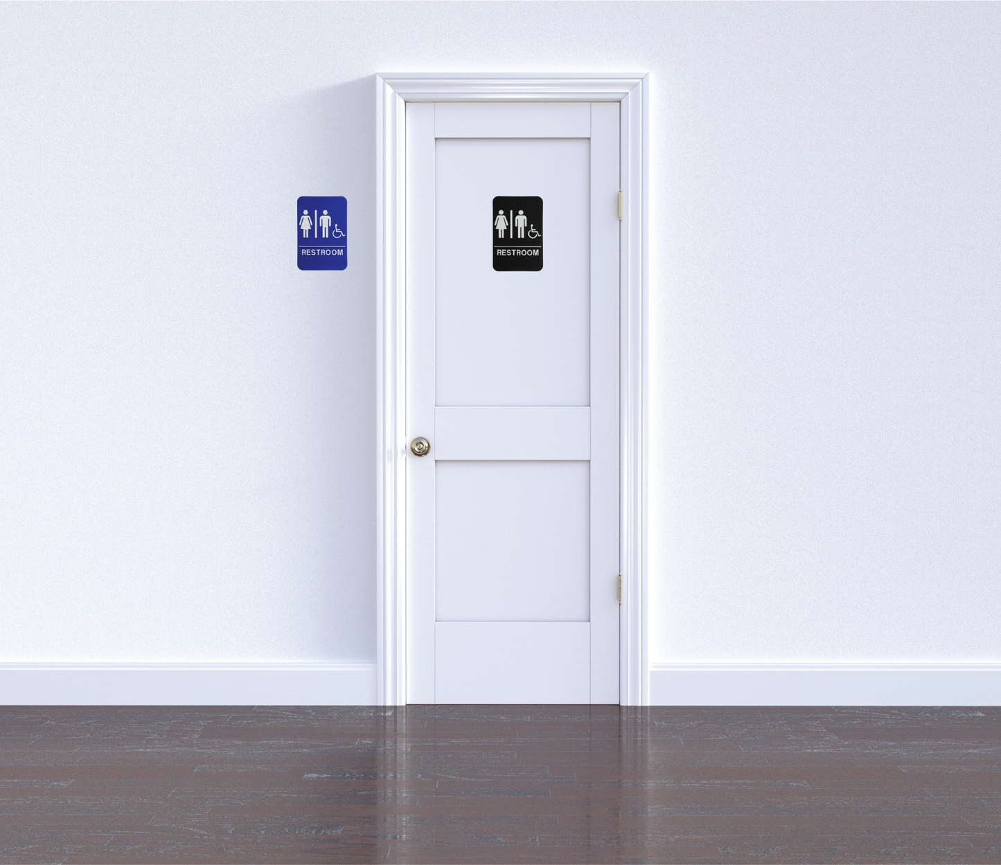 Black or blue men's or women's restroom ADA sign with wheelchair accessibility symbol, designed for compliance with accessibility standards. Clear, easy-to-read text and symbols for guiding individuals to the restroom in public spaces or businesses.