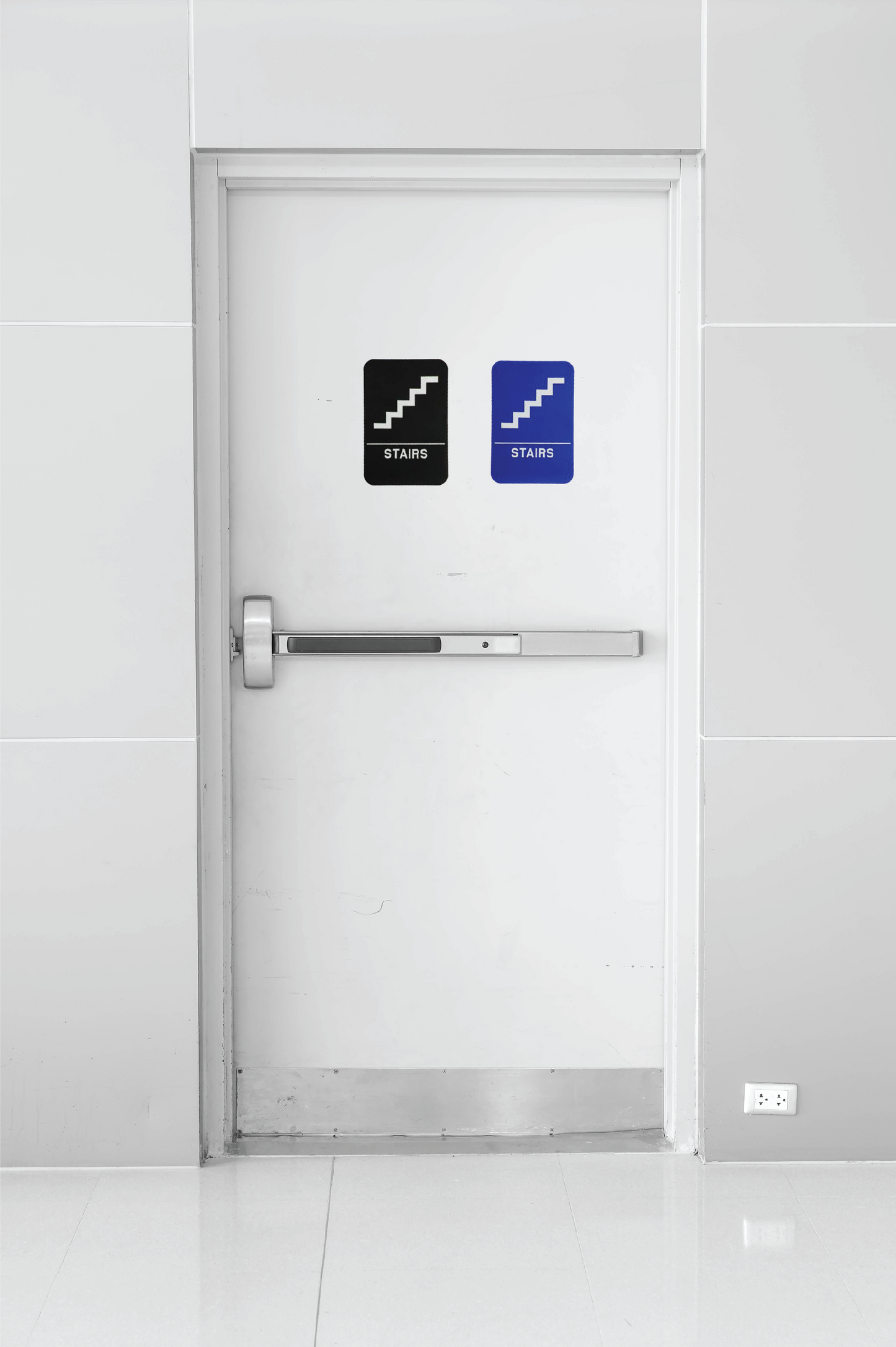 Black or blue stairs sign with ADA compliance, designed for clear visibility and accessibility. Ideal for guiding individuals to stairways in public spaces or businesses, featuring easy-to-read text and symbols.