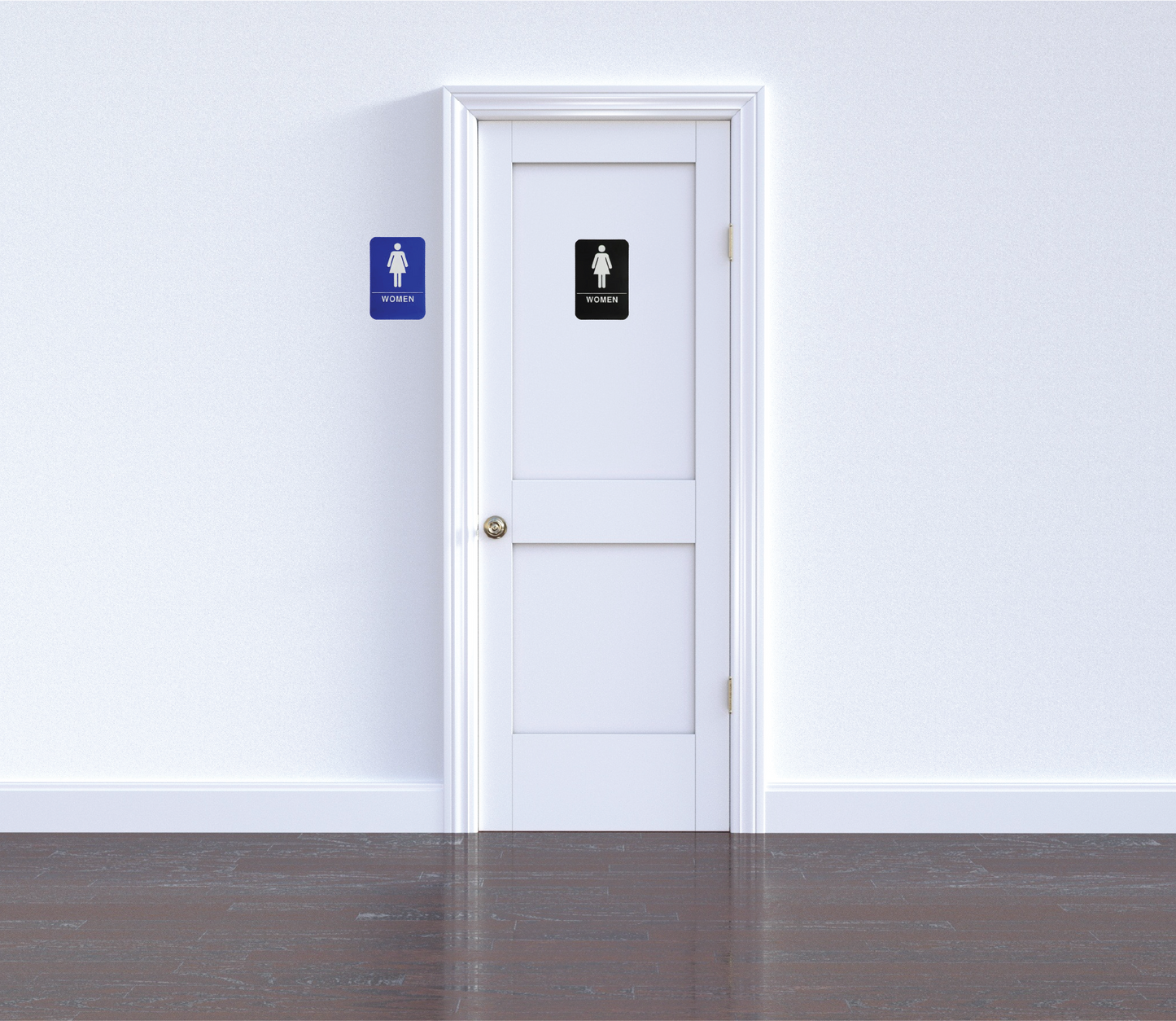 Black or blue women's restroom ADA sign, designed for accessibility and compliance with regulations. Clear, easy-to-read text and symbols for guiding individuals to the restroom in public spaces or businesses.