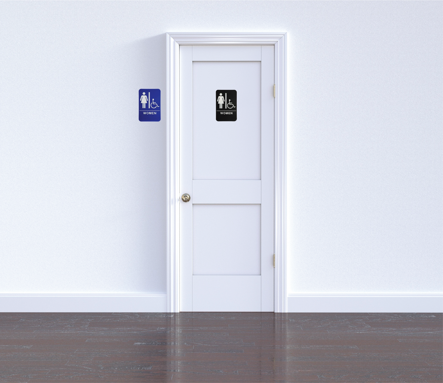 Black or blue women's restroom ADA sign with wheelchair accessibility symbol, designed to meet accessibility standards. Clear, easy-to-read text and symbols for guiding individuals to the restroom in public spaces or businesses.
