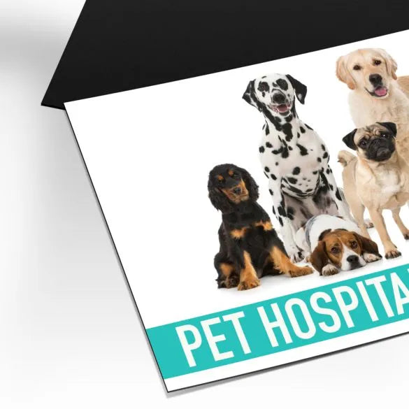 Promotional card for a pet hospital featuring images of various dogs.