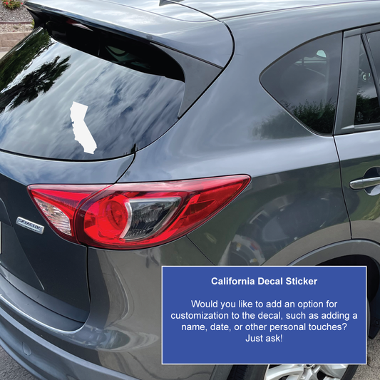A sleek car decal featuring the outline of the state of California in white. The clean, minimalist design highlights the shape of the state, perfect for proudly displaying on a vehicle.