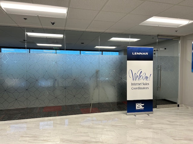 Custom etched frosted glass panels, featuring personalized designs or logos, perfect for creating a sophisticated, modern look in office spaces, homes, or commercial establishments. These etched panels provide privacy while still allowing light to filter through, adding a stylish and elegant touch to any interior.