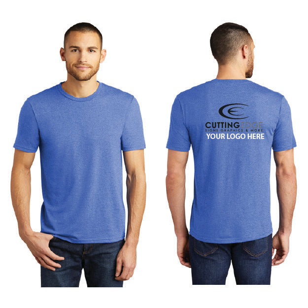 Blue t-shirt with customizable text on the back, worn by a man.