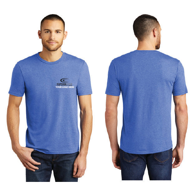 Blue t-shirt with a logo on the front, worn by a man, displayed from front and back views.