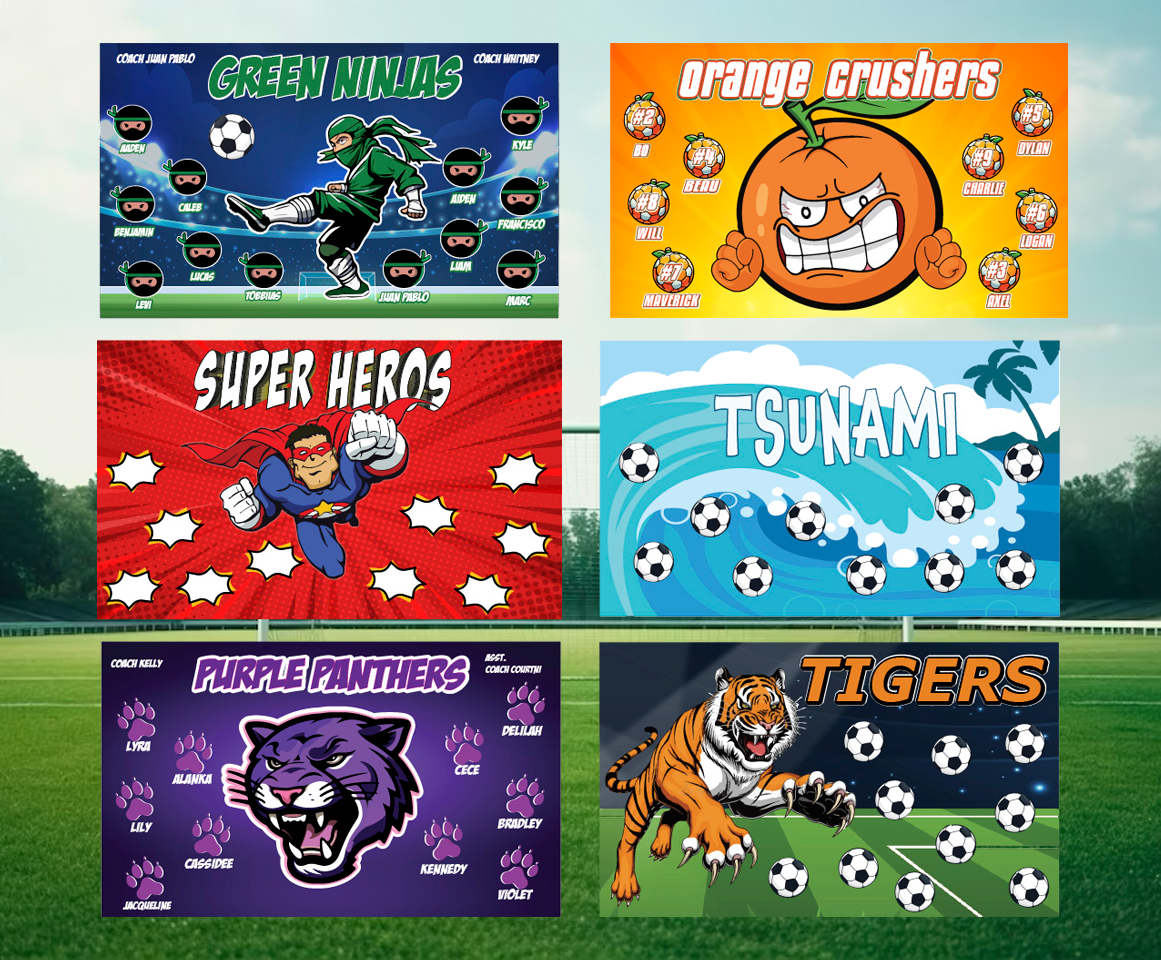 Photo of custom soccer banners, perfect for team promotions, events, and fan support. Featuring vibrant graphics and personalized designs, these banners are ideal for displaying team pride, scores, or sponsorships at soccer games and events.