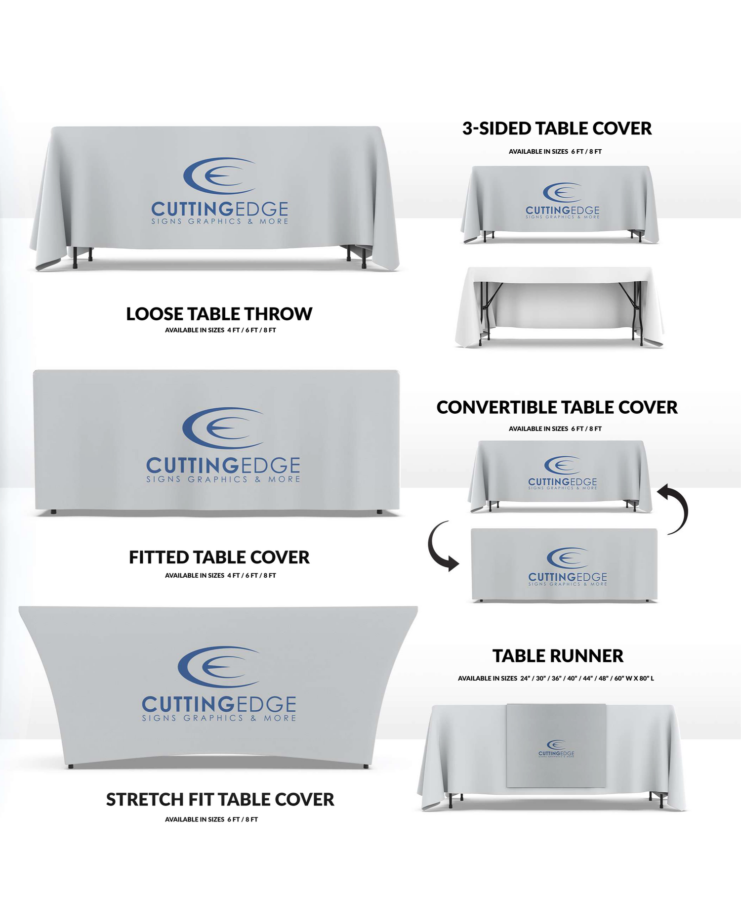 Various types of custom printed tablecloths featuring a company logo, perfect for events, trade shows, or promotional settings. These high-quality tablecloths can be personalized with your brand’s design, offering a professional look while protecting surfaces and enhancing your company’s visibility at any gathering or event.