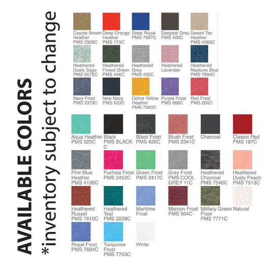 Color swatch chart with various color codes and names on a white background