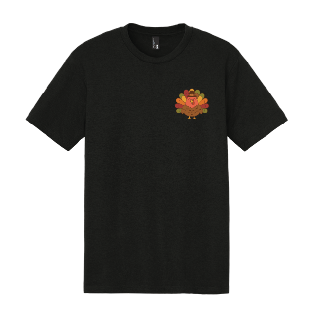 Black t-shirt with a colorful turkey graphic on a white background