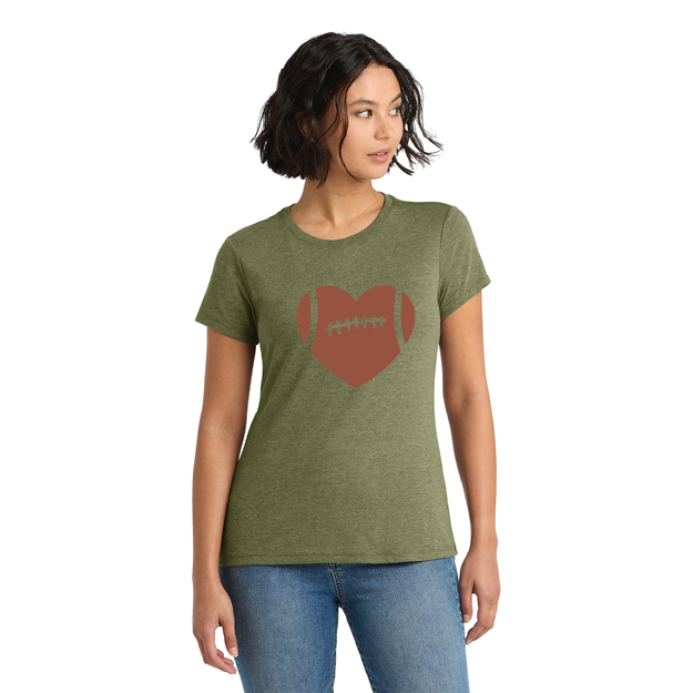 Woman wearing a green t-shirt with a red heart and football graphic on a white background