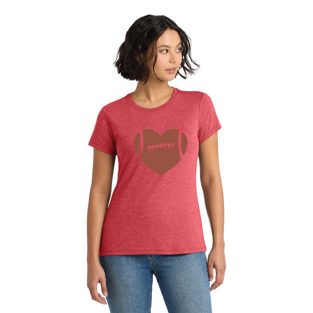Woman wearing a red t-shirt with a brown heart and football design on a white background
