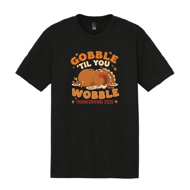 Black t-shirt with Thanksgiving graphic and text on a white background