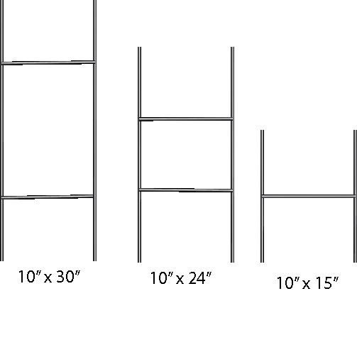 H-stakes available in 10x30", 10x24", and 10x15" sizes, perfect for securely displaying signs outdoors. Durable and easy to install, ideal for yard signs, promotions, or real estate advertising. Designed for stability in various outdoor conditions.