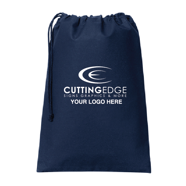 Navy drawstring bag with 'Cutting Edge' logo and space for additional text on a white background