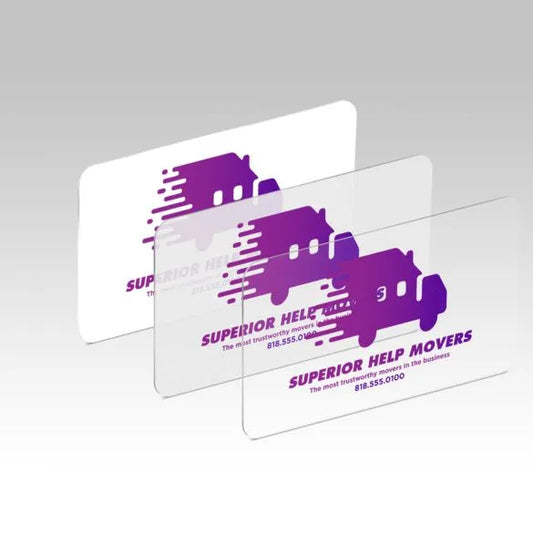 Clear business card with purple truck graphic and text on a gray background