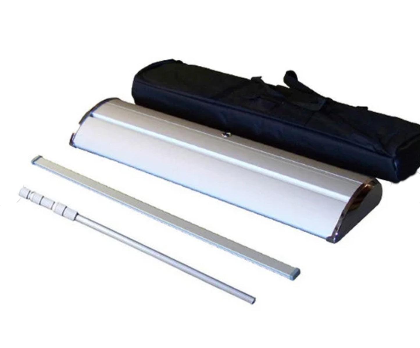 Photo of everything included with the premium banner stand, featuring the stand base, retractable banner, carrying case, and hardware accessories. Perfect for trade shows, events, and promotions, offering an all-in-one solution for a professional and portable display.