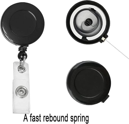 Black badge holder with a fast rebound spring on a white background