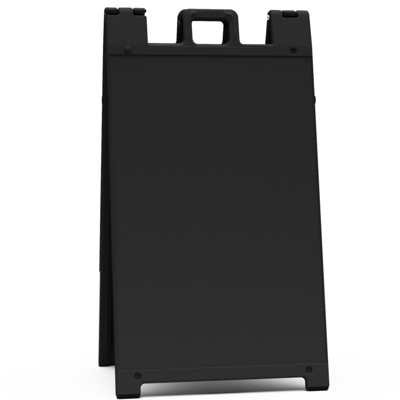 Signicade black A-frame, a sturdy and portable display solution ideal for business signage, promotions, or events. Weather-resistant and easy to set up, providing a sleek, professional design for high-visibility messaging.