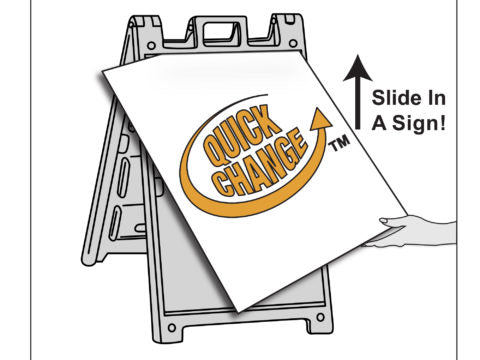 Photo demonstrating the quick-change functionality of the Signicade Deluxe A-frame. Easily swap signs for fast, efficient updates, perfect for businesses and events requiring frequent signage changes. Durable and user-friendly design.