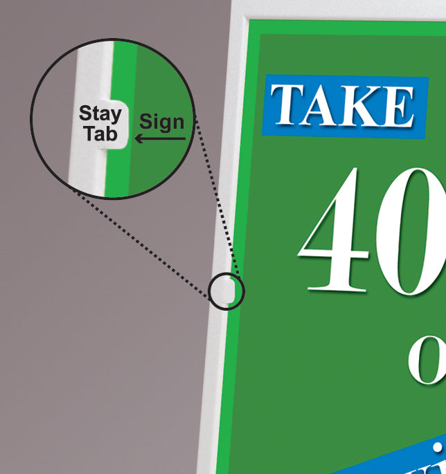 Photo showcasing the stay tabs on the Signicade Deluxe A-frame, designed to securely hold and display signage. These tabs ensure stability and ease of use, perfect for outdoor promotions, events, or business signage.
