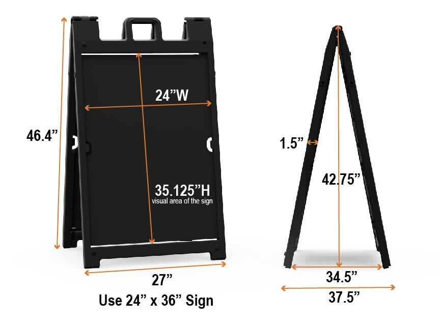 Signicade Deluxe black A-frame with dimensions of 46" H x 24" W, a premium, durable display solution perfect for outdoor signage, promotions, or events. Weather-resistant, easy to set up, and offering a sleek, professional design with enhanced stability for high-visibility messaging.