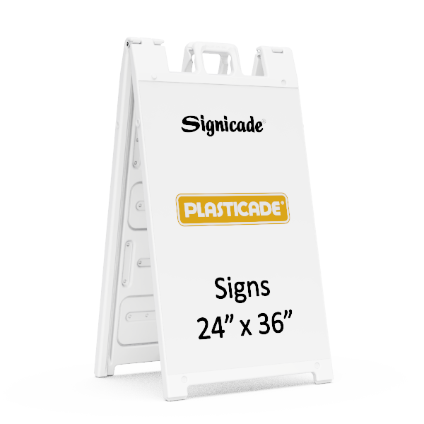 Signicade white A-frame, a durable and portable display solution perfect for outdoor signage, promotions, or events. Weather-resistant and easy to set up, offering a clean, professional design for high-visibility messaging.