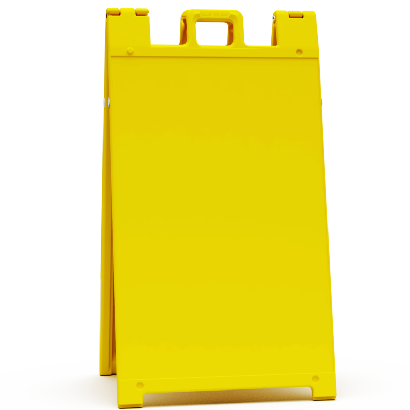 Signicade yellow A-frame, a durable and portable display solution ideal for sidewalk signage, events, or promotions. Weather-resistant and easy to set up, perfect for businesses or directional signage.