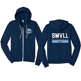 A navy blue full-zip hoodie with a logo on the front and 'SMVLL' text on the back.
