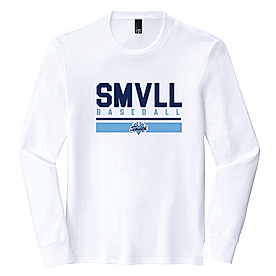 A long sleeve white T-shirt with the SMVLL baseball logo printed in blue ink on the front.