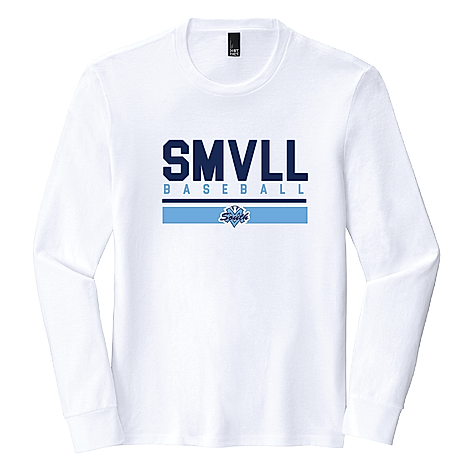 A white long-sleeved youth T-shirt with 'SMVLL BASEBALL' text and a logo on the front.