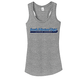 A gray racerback tank top with 'South Mountain Valley Little League' text printed across the chest.
