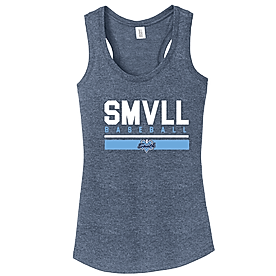 A navy frost colored women's racerback tank top with 'SMVLL BASEBALL' printed in block letters on the front.