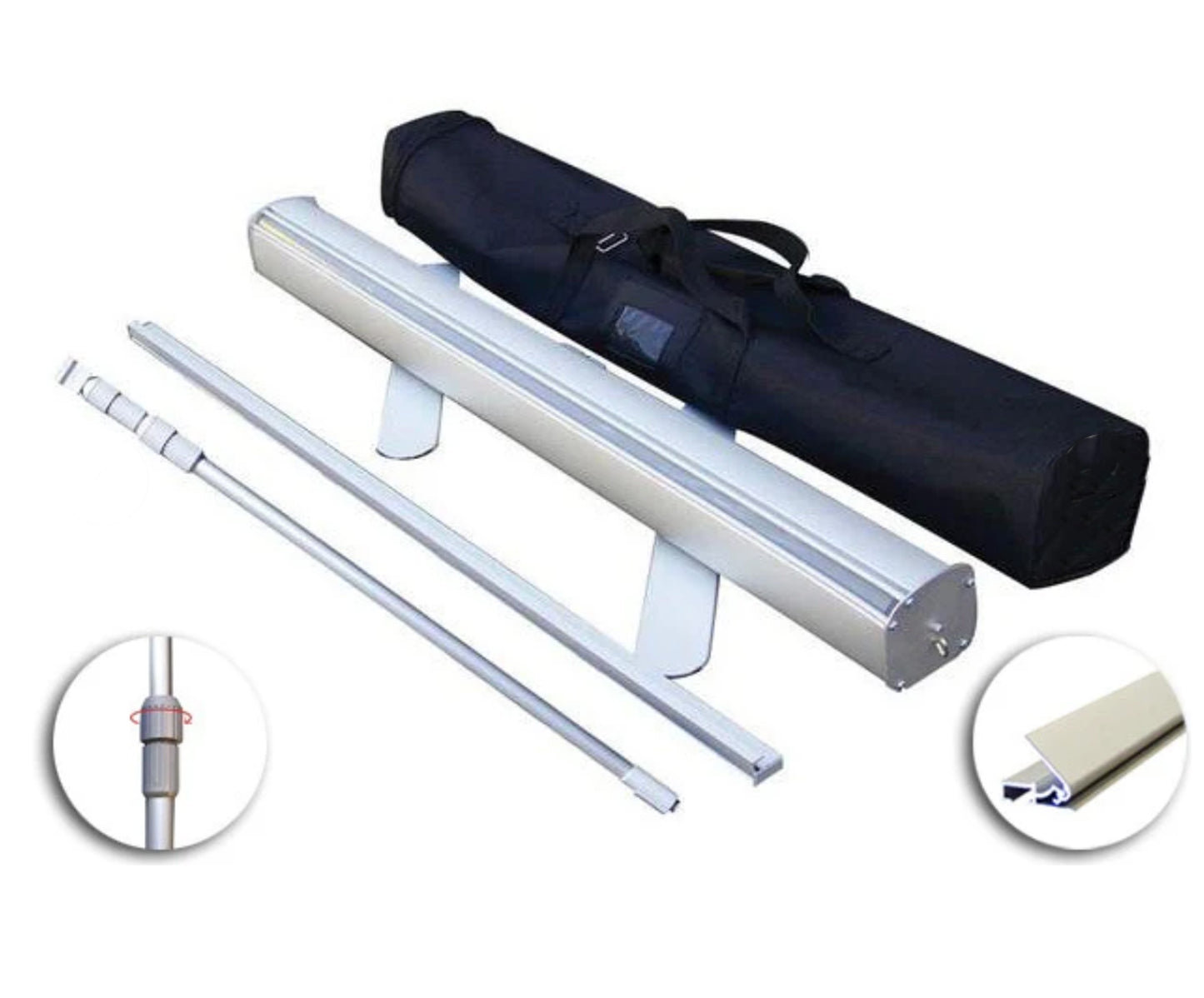 Photo of the complete standard banner stand kit, including the base, retractable banner, top support, and carrying case. Ideal for trade shows, events, and promotions, providing an easy-to-use, portable display solution with all necessary components for a professional presentation.