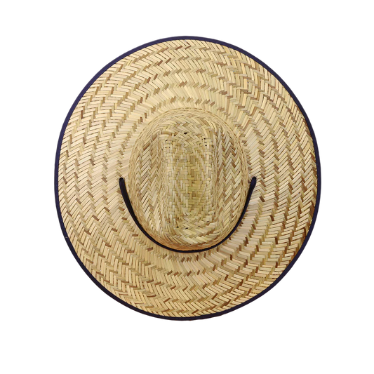 Straw hat with a black band on a white background