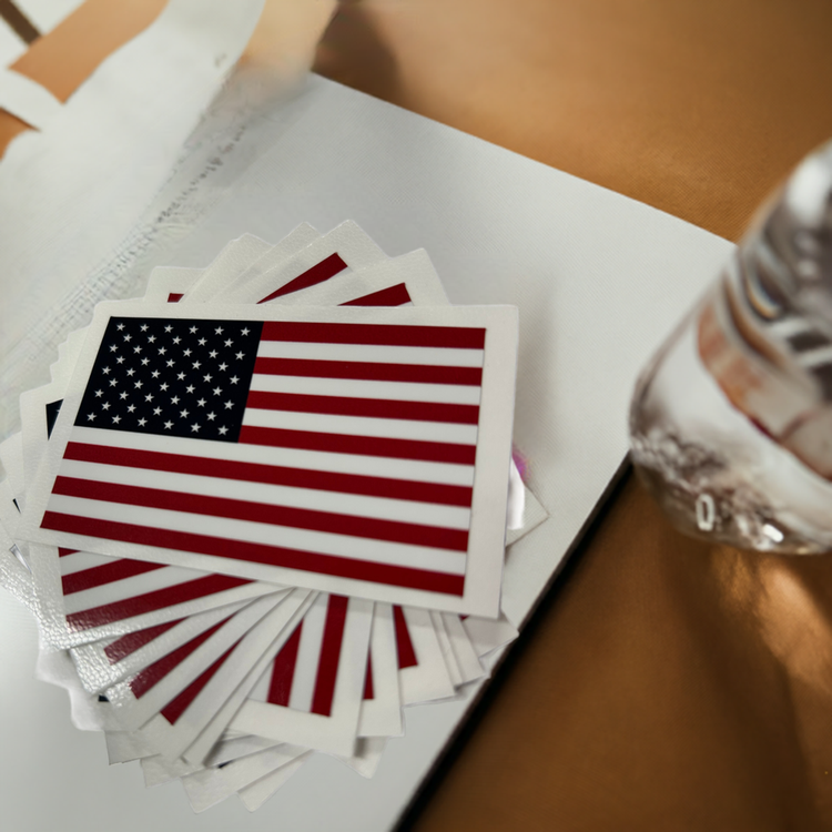 American flag stickers on table