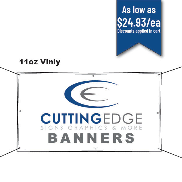 A white 11oz vinyl banner with the Cutting Edge Signs Graphics & More logo and text that reads 'BANNERS' on it, indicating the product is a customizable vinyl banner for business advertising.