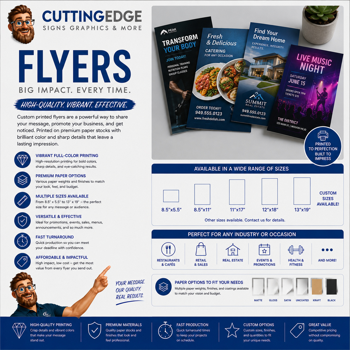 Custom 80lb Matte Cover Flyer Printing | 8.5x5.5 to 13x19 Sizes