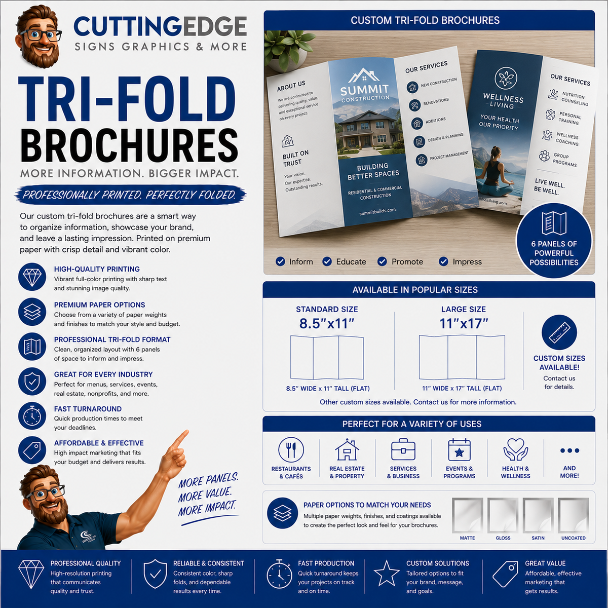 Custom Tri-Fold Brochures on 100lb Gloss Cover | 8.5x11 to 11x17