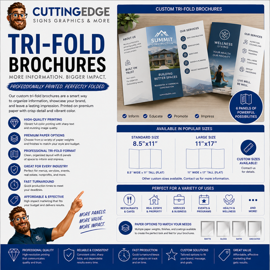 Custom Tri-Fold Brochures on 32lb Stock | 8.5x11 to 11x17