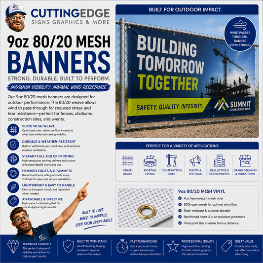 Custom 9oz Mesh 80/20 Vinyl Banners - Wind-Permeable Outdoor