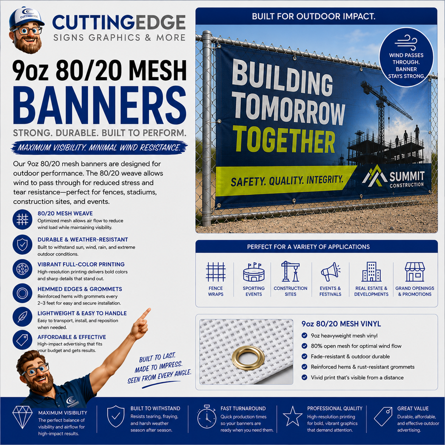 Custom 9oz Mesh 80/20 Vinyl Banners - Wind-Permeable Outdoor