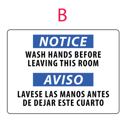 Notice sign with text 'Wash hands before leaving this room' in English and Spanish on a white background.
