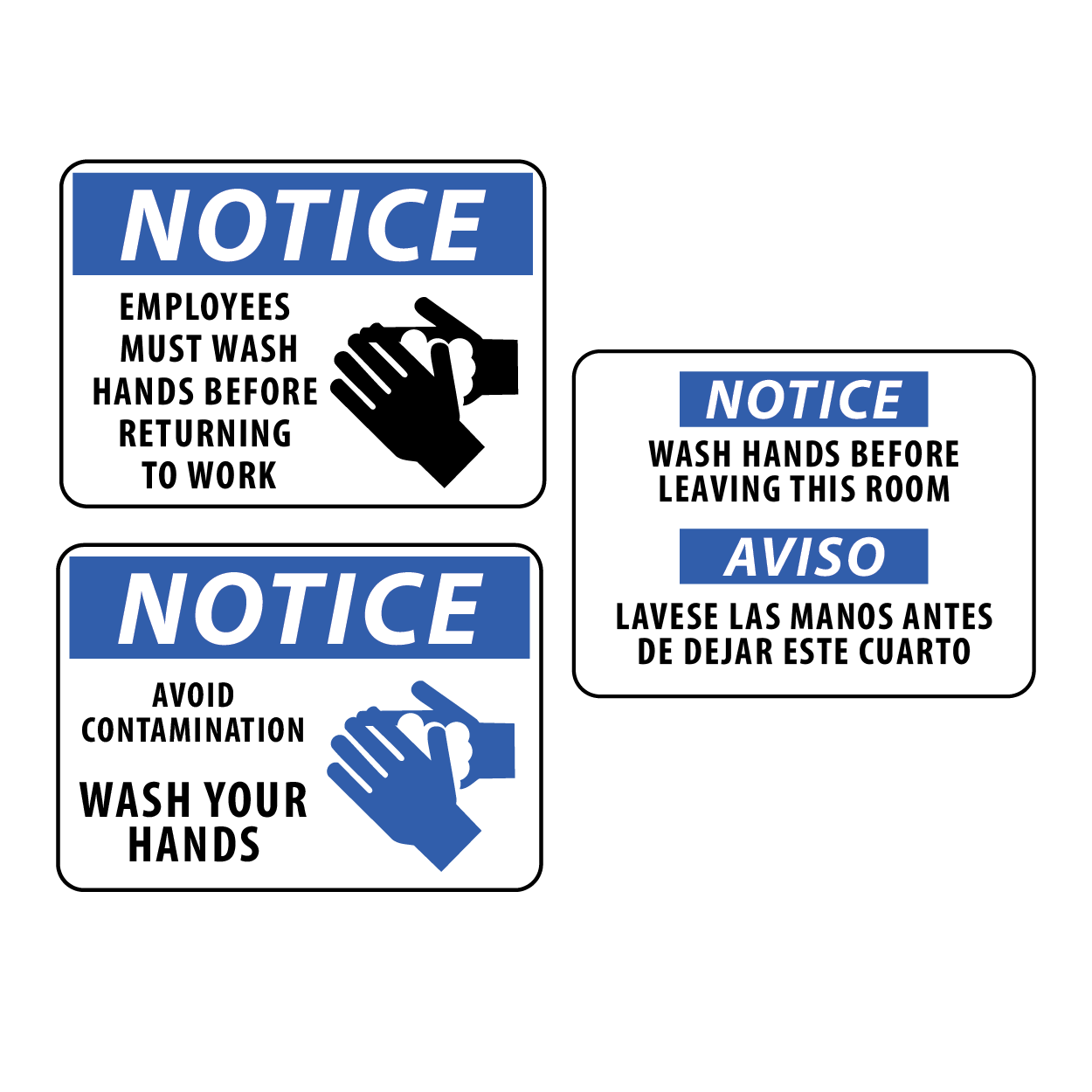 Set of three hygiene signs with blue and white color scheme on a white background