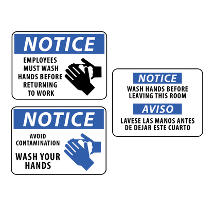 Set of three hygiene signs with blue and white color scheme on a white background