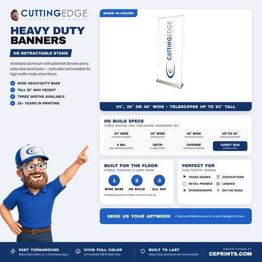HD Retractable Banner Stand | Heavy Duty Roll Up for Trade Shows | CE Prints